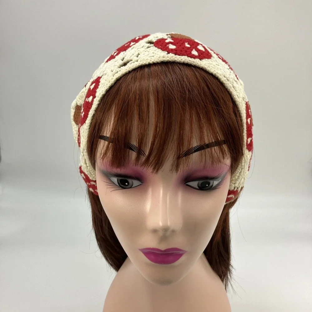 Crochet Mushroom Bandana Hair Kerchief Cottagecore Boho Head Scarf Red Cream Hip - Picture 4 of 10